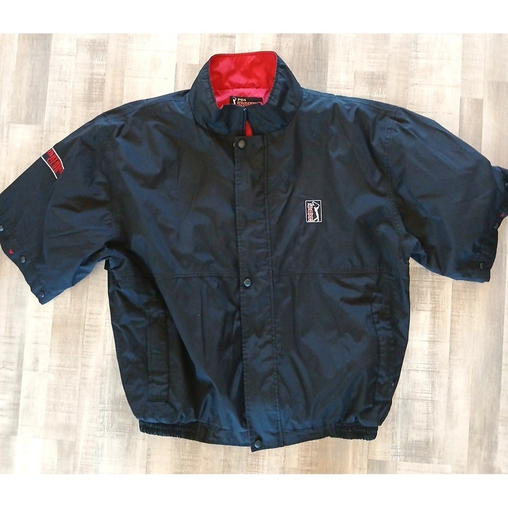 PGA Tour Jacket Windbreaker Golf Water Resistant Black Mens L Button Up‎